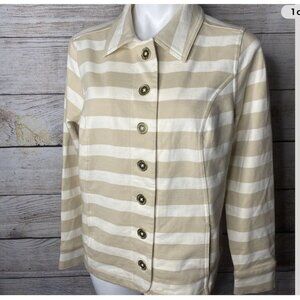 New Isaac Mizrahi Live! Sz L Jacket Blazer Tan White Stretch Gold  Button Pocket